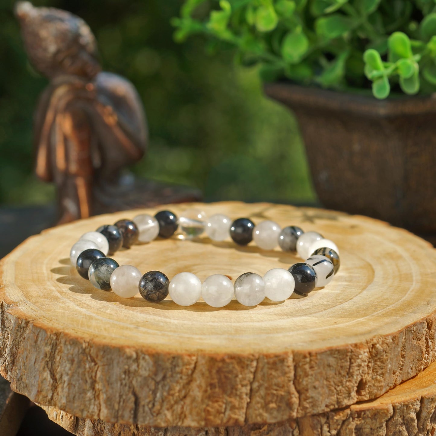 Crystal Agate Bracelets - Manifestation Bracelet - Natural Black Rutile Beaded Stretch Bracelet 8mm - Unisex Adult Yoga Bracelet - White-Black