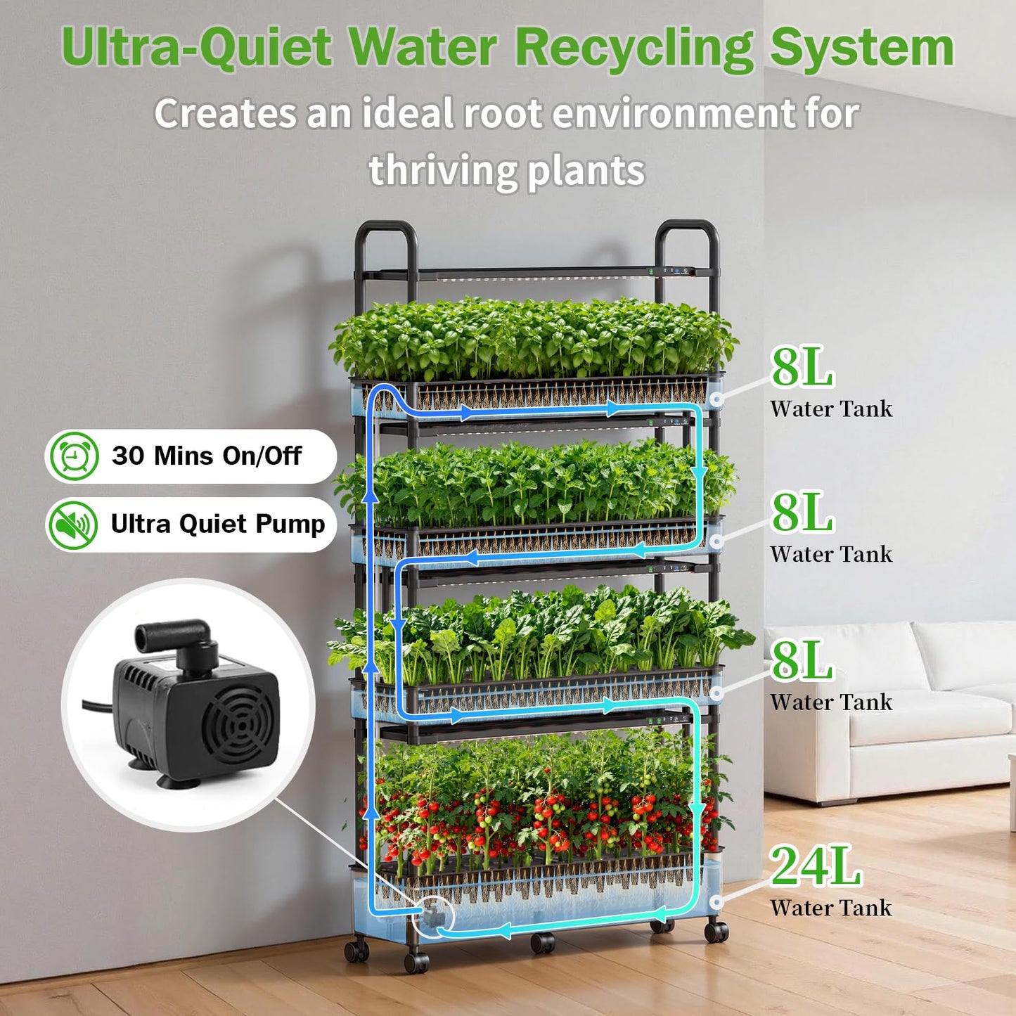 Growell Large Hydroponics Growing System Kit, 120 Pods Vertical Indoor Herb Garden Kit with 2 Light Modes & Auto Circulating Water System, 48L Movable Indoor Gardening System for Herb Vegetable Fruit