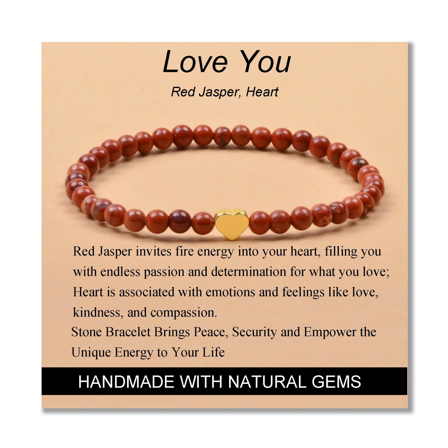MASSIVE BEADS Red Jasper and Heart - Love You Handmade Handmade Yoga Stretch Elastic Bracelet Natural Stone Crystal Healing Power Energy Gifts for Unisex Adult 4mm