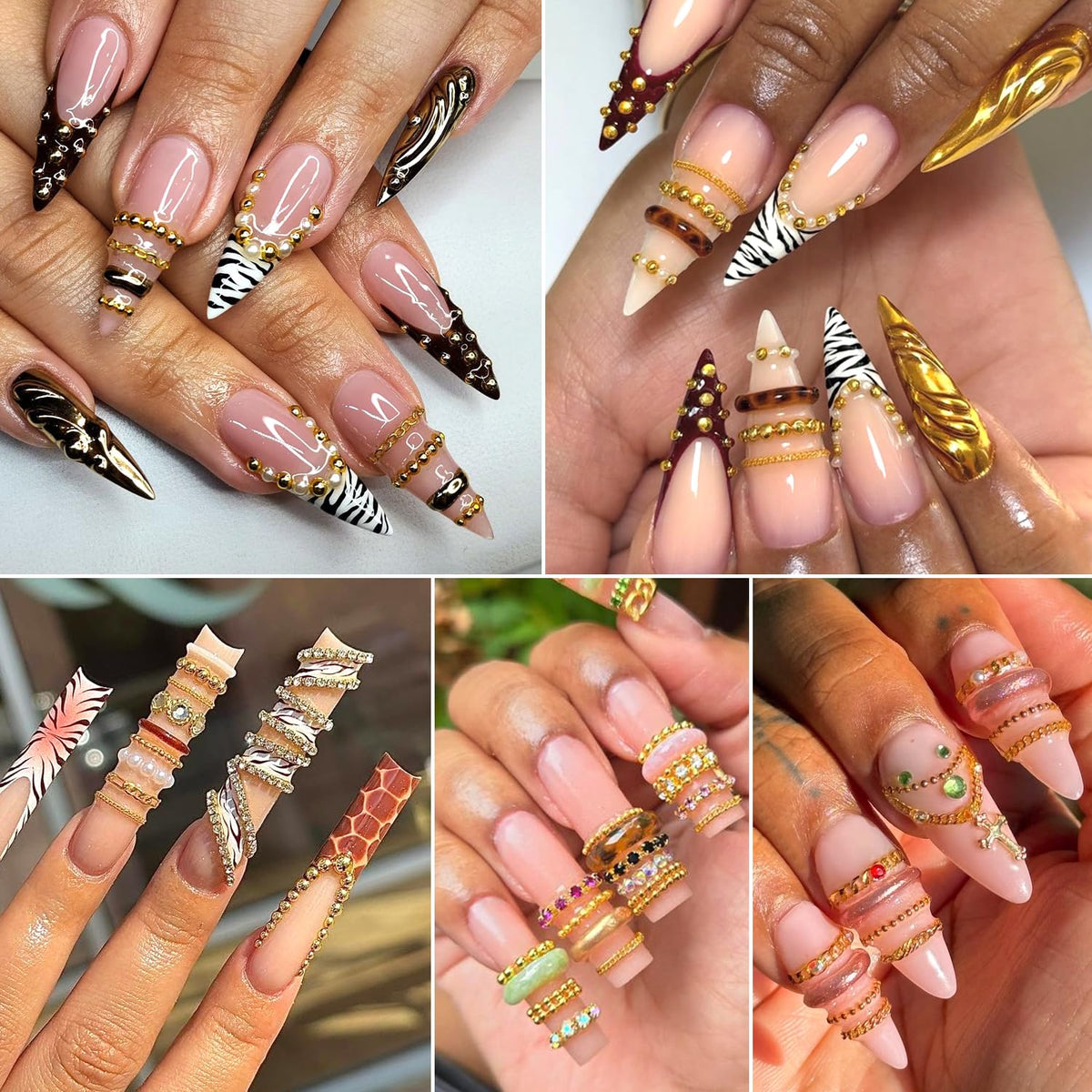 12 Strips Metal Chain Nail Art Charms, 3D Gold Silver Dark Gray Nail Chains Punk Alloy Nail Rivets Jewelry for Women Gothic Manicure Accessories DIY Crafts Decorations