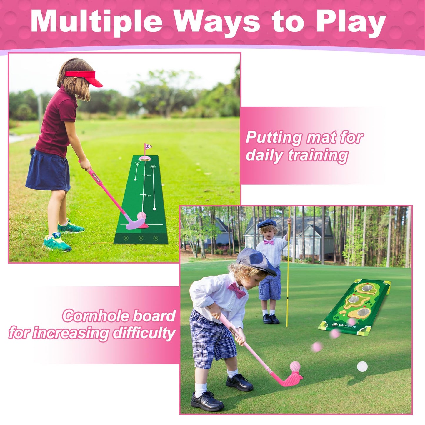 Jovizo Toddler Golf Set for Boys Girls 1 2 3 4 Years Old, Upgraded Kids Golf Cart with Putting Mat & Cornhole Board, Outdoor Indoor Sports Toys, Pink