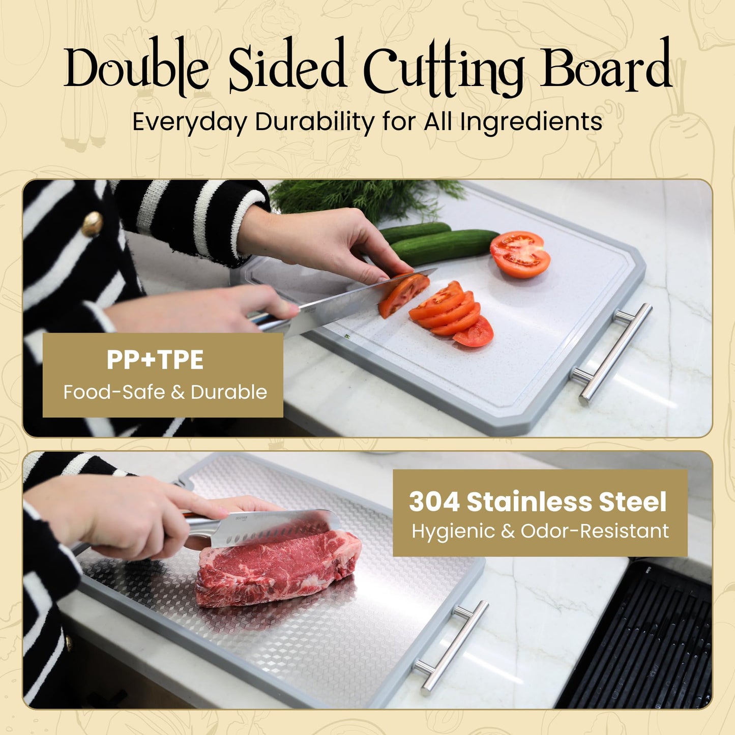 MUGAA Stainless Steel Frying Pan 3-Piece Set + Large Stainless Steel Cutting Board – Honeycomb Nonstick Skillets (8”, 10”, 12”) with Lids & Spatula, Double-Sided 304 Steel Board with Knife Sharpener