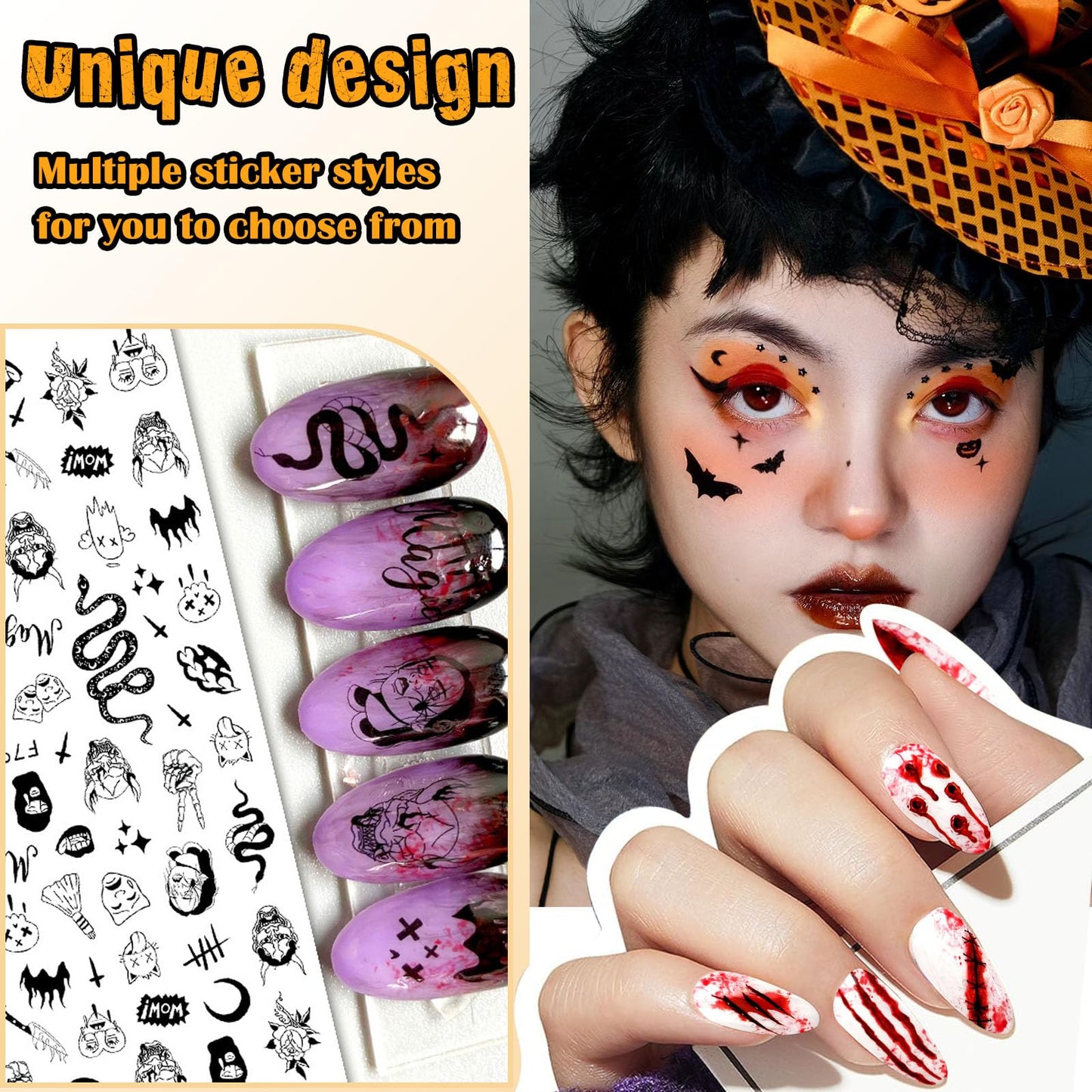 SIUSIO 15 Sheets Halloween Nail Art Stickers Cute Pumpkin Skull Ghost Party Theme 3D Self-Adhesive Horror Witchy Bat Poker Blood Nail Decals Nail Supplies DIY Nail Stickers for Women Girls Kids Decor