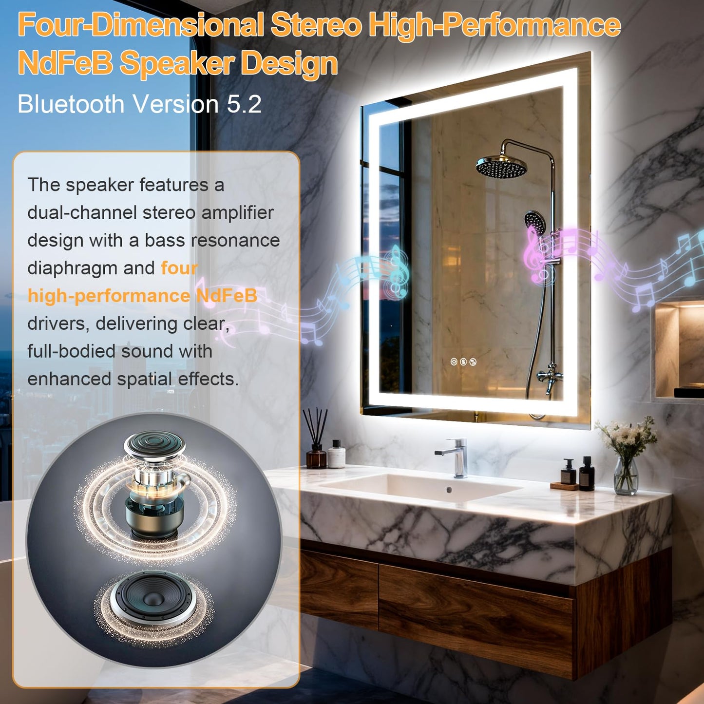 Olyvren 24"x32" LED Bathroom Mirror with Lights,Bluetooth Dual Speaker,Anti-Fog,3 Color Temperature,Dimmable Brightness,Memory Function,Waterproof,Wall Mount Design,Tempered Glass