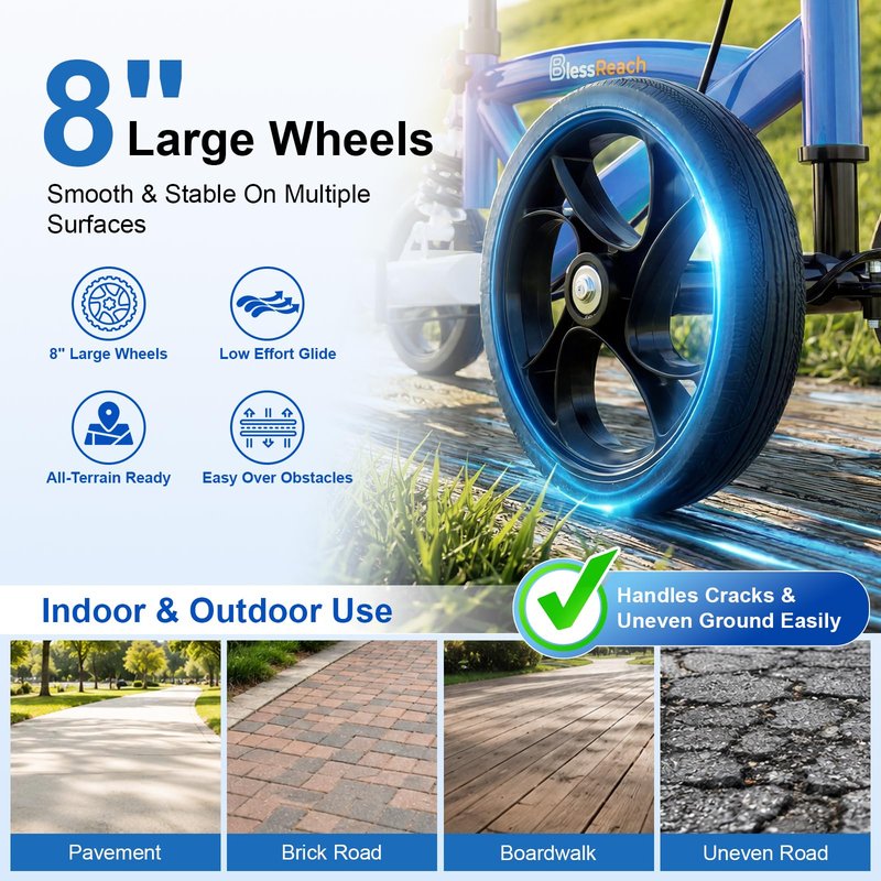 BlessReach Steerable Knee Scooter Deluxe Medical Scooter for Foot Injuries Compact Crutches, with Dual Rear on-Wheel Brake and Shock Absorption Under The Knee pad（Blue）