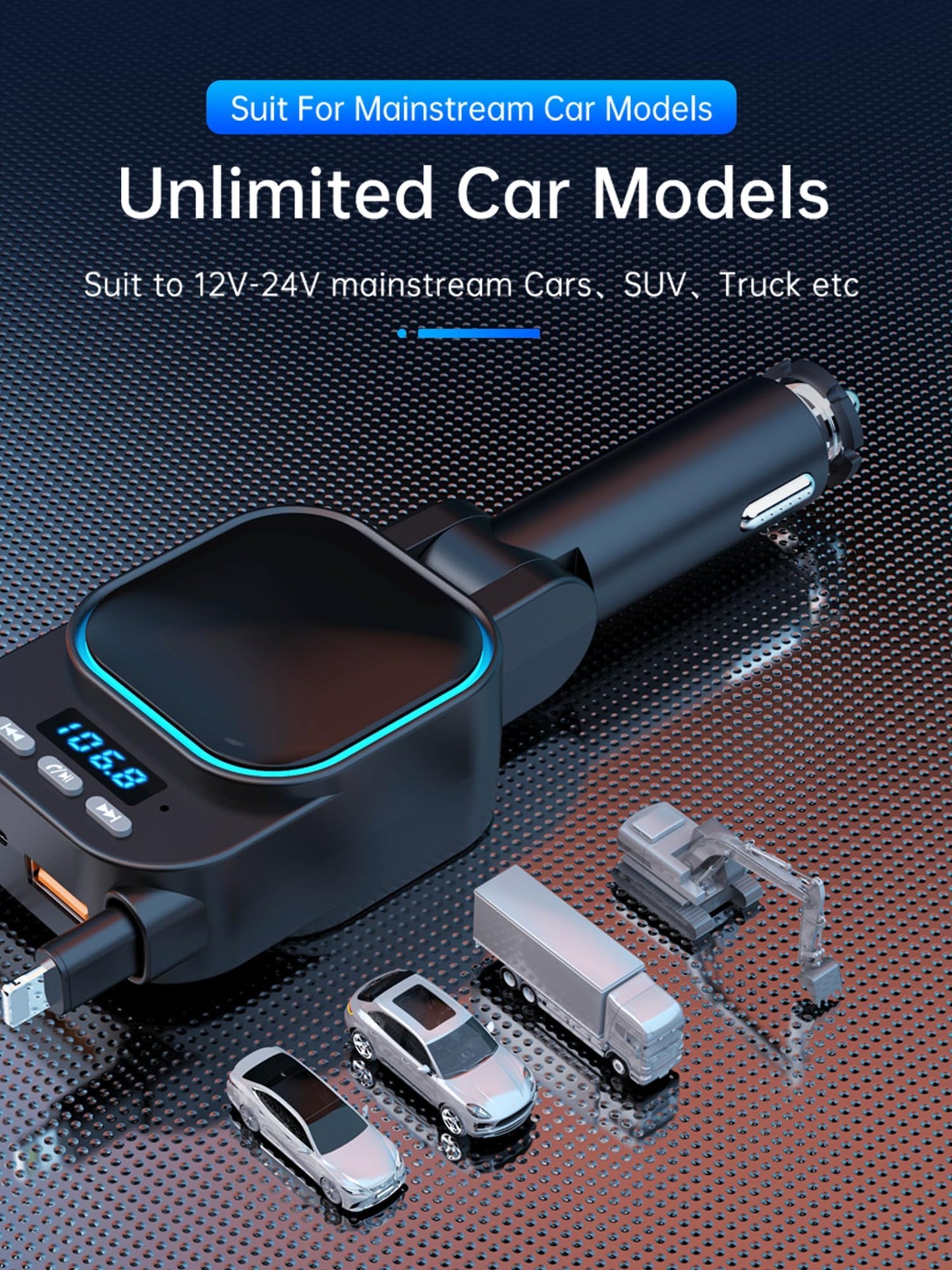 Retractable Car Charger 96W with Bluetooth Car Adapter, 4 in 1 Fast Charging, Radio Bluetooth 5.3 FM Transmitter, Handsfree Calling, USB C Phone car Charger Adapter for iPhone 16 15 14 13 12