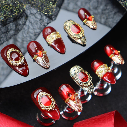 Red Press on Nails Retro Nail Art with Diamond Design Handmade Nails Press ons Gold Fake Nails Medium Almond Glue on Nail Reusable French Tip Stick on Nail for Women Girls Gorgeous Manicure (M)