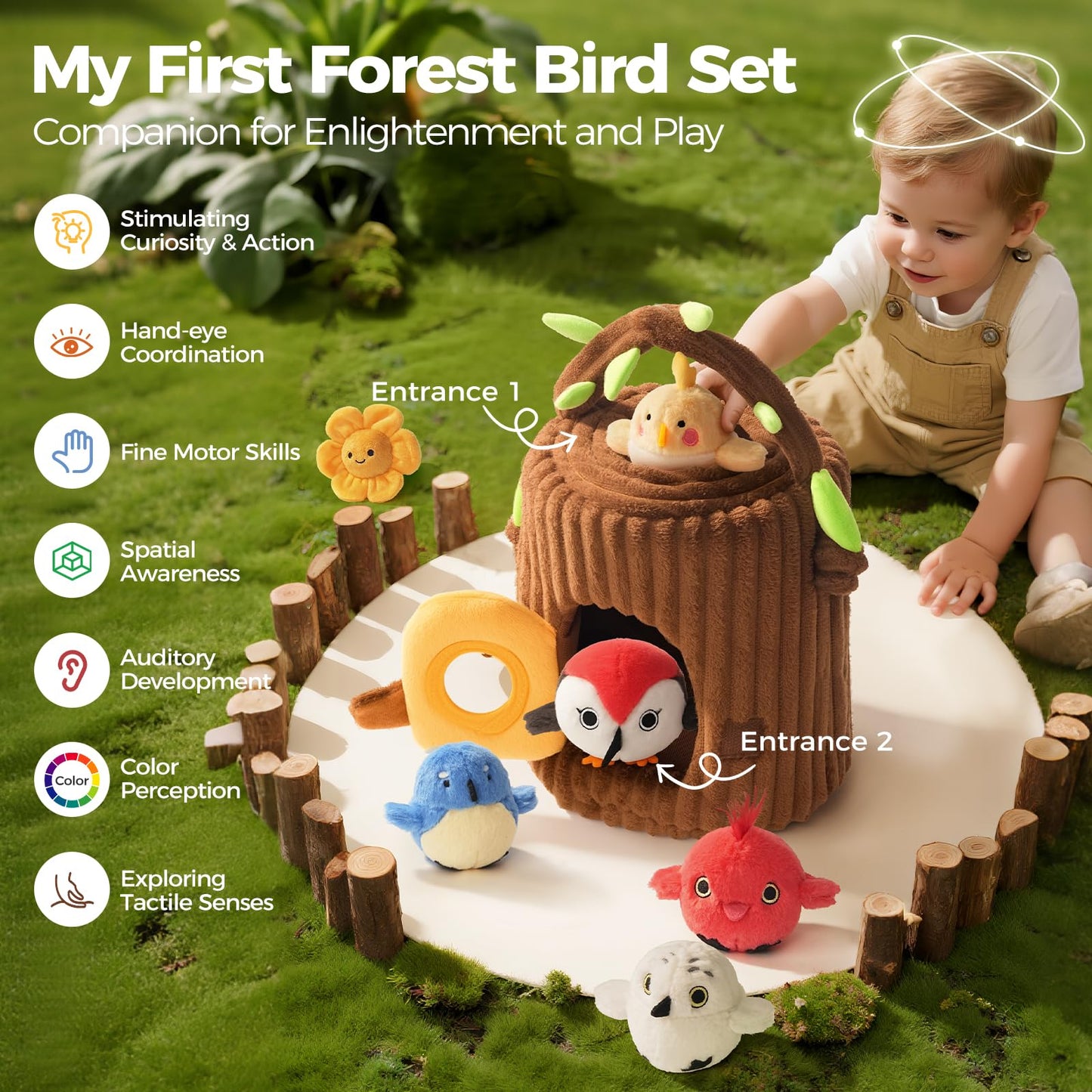 Evoceler Surprise Tree Stump with Birds, Rattle, Crinkle Paper,Squeaker & Mirror | Soft Montessori Toys for 6 Month Old Babies | Sensory Toddlers 1-3, 1 Year Old Boy Girl Gifts, Baby Toys 6-12 Months