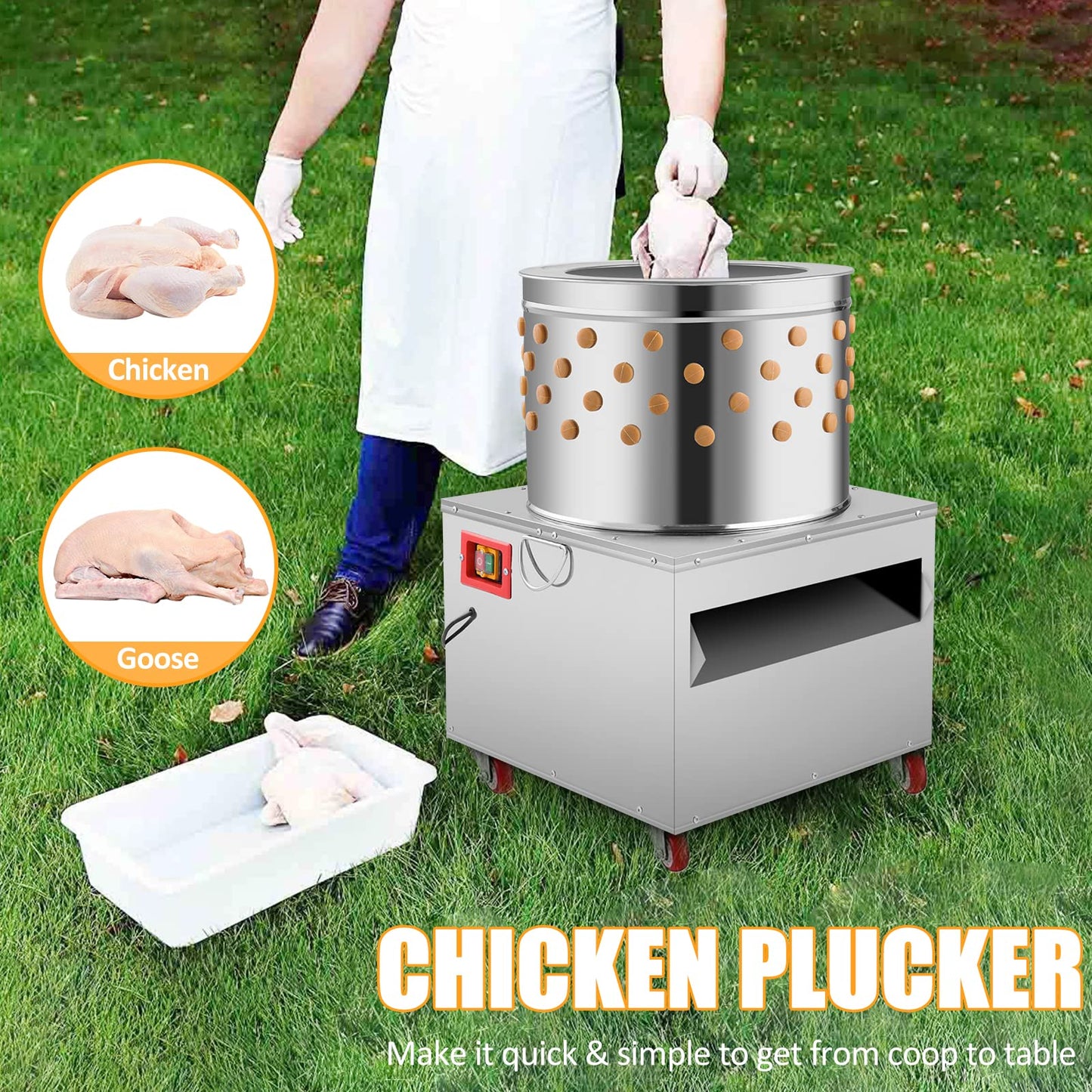 Panghuhu88 2HP Chicken Plucker Machine, 20Inch Turkey De-Feather Remover Poultry Stainless Steel Machine 1500W 275R/min Barrel Diameter Heavy Duty Feather Plucking Machine