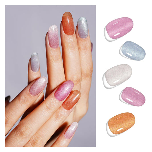 DANNI & TONI Semi Cured Gel Nail Strips Multicolor (Prism Blush) Cat Eye Accent Nails Summer Gel Nail Wraps 28 Stickers