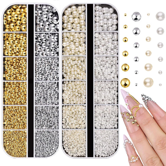 Flatback Pearl Nail Charms and Gems, Half Round 1.5-4mm Gold Silver Nail Charms, White Beige Pearls for Acrylic Nails, Resin Nail Rhinestones for Face Makeup and Crafting 2Boxes