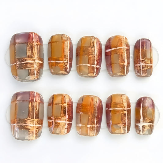 Fine Point Handmade Press-On Nails 10 PCS Glazed Jelly Plaid Tartan Short Squoval Sheer Glass Gloss Soft Chrome Lines Reusable Natural Look Amber Mauve Greige Size Medium