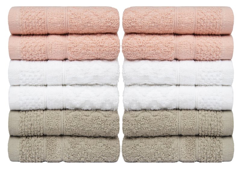 PH Pleasant Home Diamond Wash Cloths Set - 12 Pack (12” x 12”) – 509 GSM - 100% Ring Spun Cotton Wash Cloth - Super Soft and Highly Absorbent Face Towels (Blush, White & Tan)