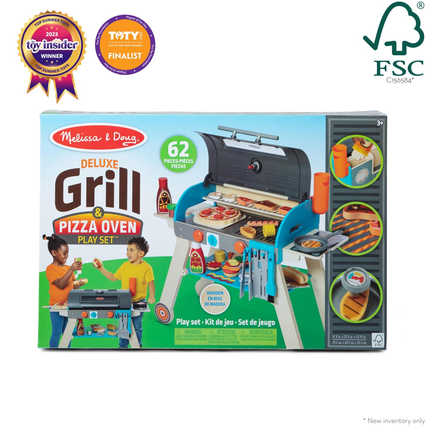 Melissa & Doug Deluxe Wooden Barbecue Grill, Smoker & Pizza Oven, Toy Food & Kids Play Kitchen Accessories, Preschool Learning Toys for Girls & Boys 3+ - FSC Certified
