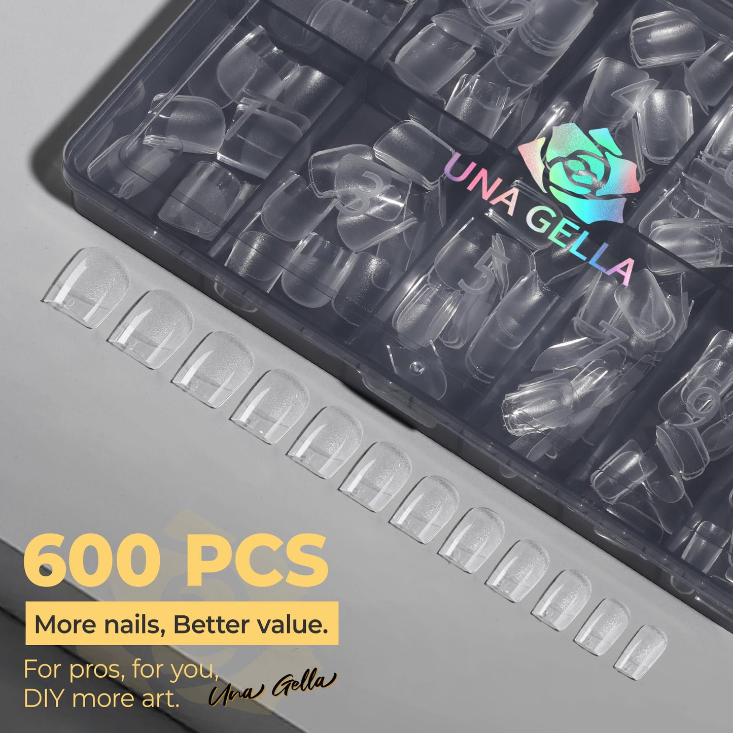 UNA GELLA Extra Short Square Nail Tips, 600pcs Pre Etched XS Short Square Gel Nail Tips, Soft Gel Clear Fake Nails Full Cover for DIY Nails Salon At Home 12 Sizes