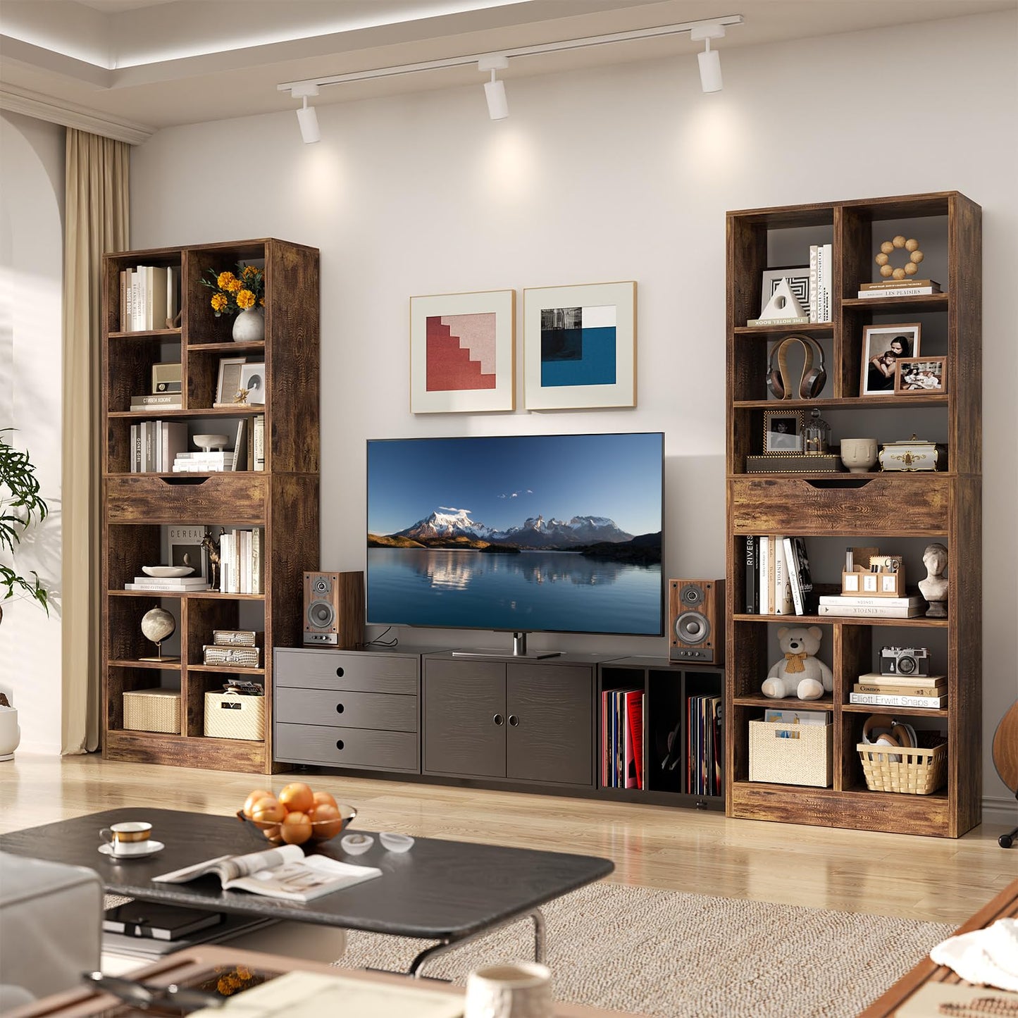 Armocity 8-Tier Book Shelf with Drawer, 73.6" Tall Bookcase and Bookshelf Modern Freestanding Open Display Shelves for Living Room Home Office, Bedroom, Rustic Brown