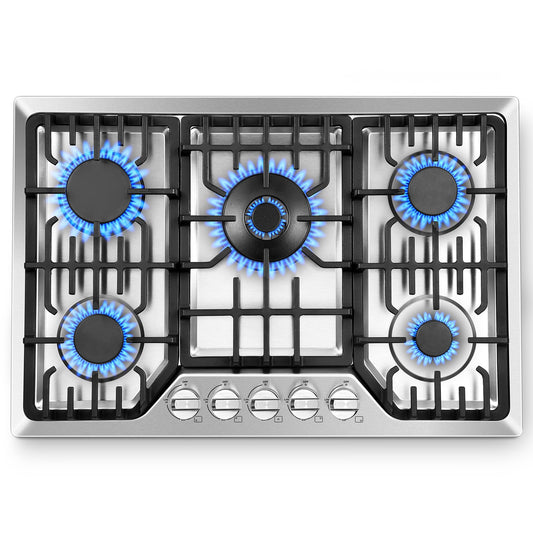 Amzgachfktch Gas Cooktop 30 Inch with 5 Italy SABAF Powerful Burners, Max 48,300 BTU/hr Gas Stove Top, Built-in 304 Stainless Steel Propane Stove, NG/LPG Convertible, CSA Certified