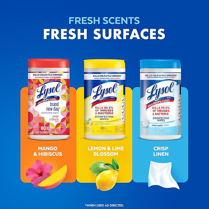 Lysol Disinfecting Wipes Bundle, Home Apartment Dorm Room Essentials and Cleaning Supplies, All Purpose Cleaner, Multi-surface Cleaning Wipes, Multi-Scent Sanitizing Wipes Bundle, 80 Count (4pk)