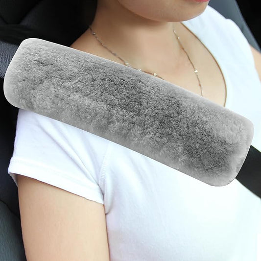 Amooca Authentic Sheepskin Seatbelt Cover Real Wool Car Truck SUV Airplane Seat Belt Shoulder Pad for Carmera Backpack Straps Neck Cushion Protector 2 Pack Light Grey
