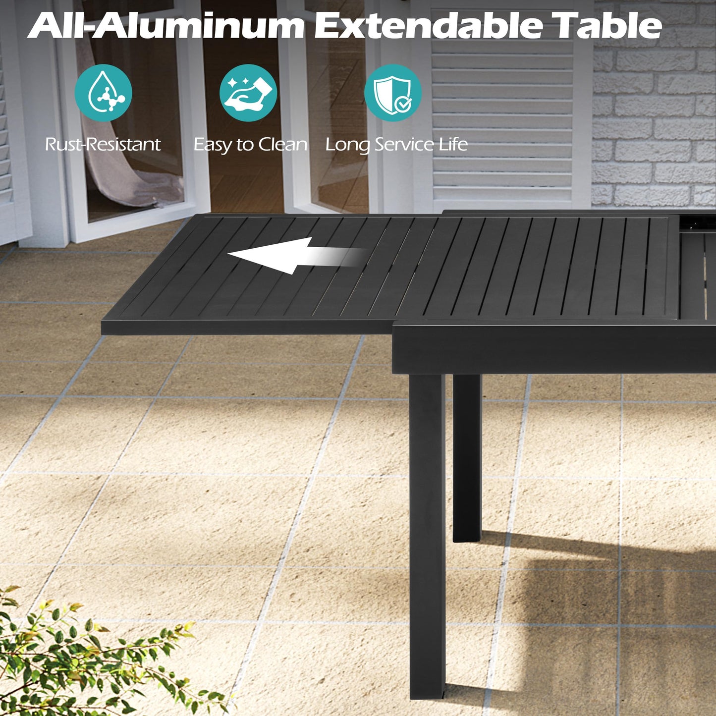 VredHom Expandable Patio Outdoor Dining Table for 8-10, 53" - 106" Aluminum Extendable Table, All-Weather Rectangle Deck Garden Furniture