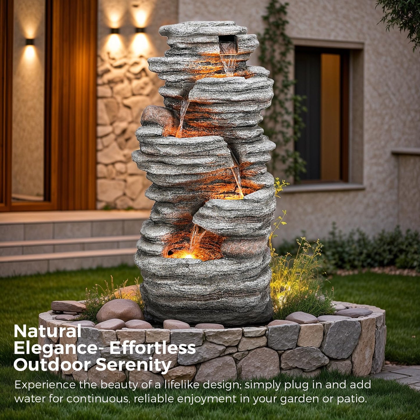 Jocoevol 40" Outdoor Water Fountain with LED Lights - 5-Tier Cascading Rock Waterfall Fountain, Natural Rock Look, Ideal for Garden, Landscaping, Patio, Balconies and Yard Decor