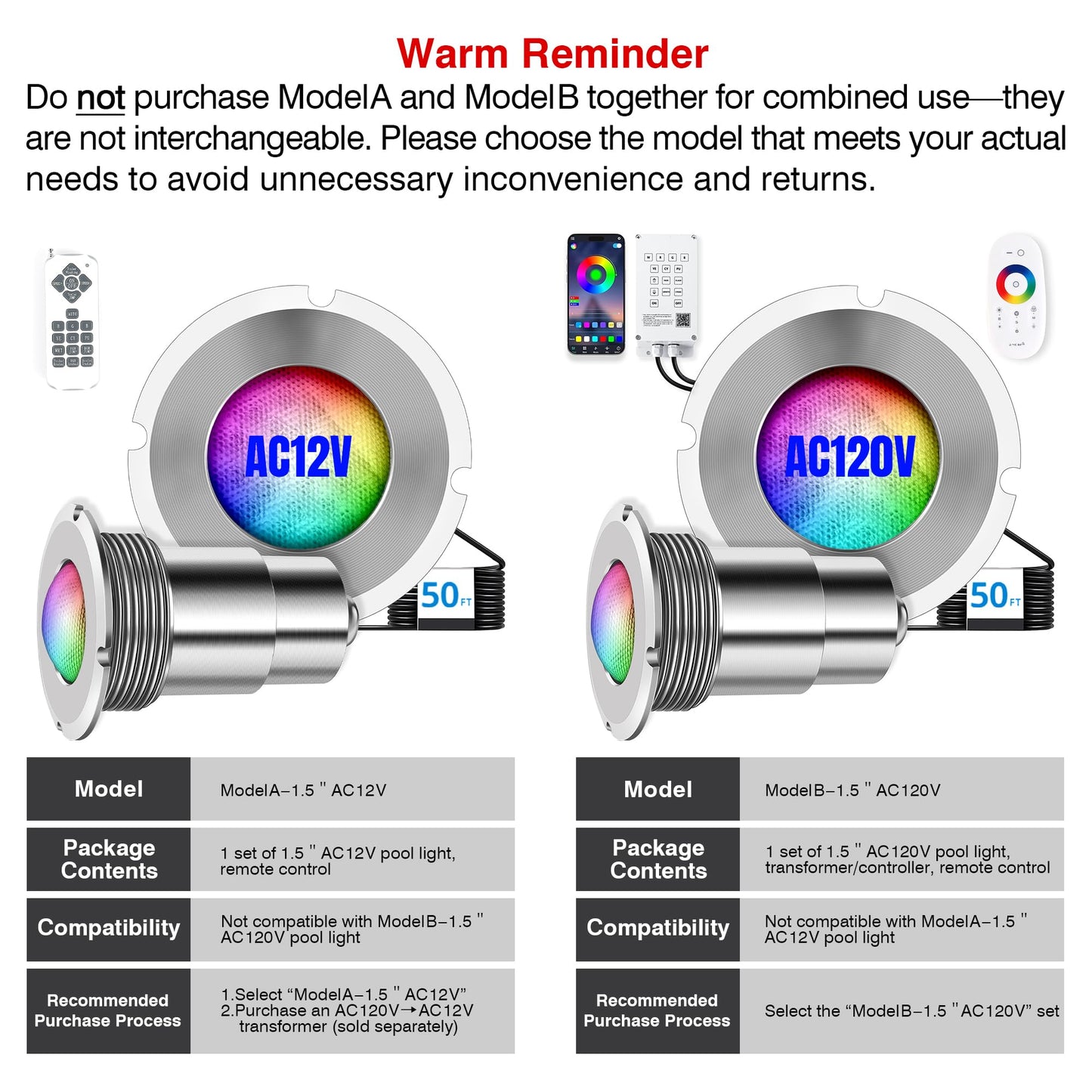 Zenhagu 1.5 Inch LED RGBW Multicolor Inground Pool Light and Spa Light, IP68 Waterproof, AC 120V, 50ft Cable with Controller, APP & Remote Control