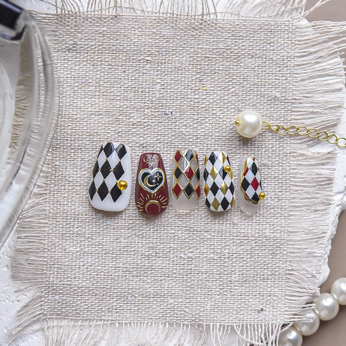 Red Black Nail Art Stickers Decals Poker Nail Stickers with Gold Design Lined Pattern Heart Nails Art Charms Self-Adhesive Star Moon Nails Supplies for Women Girls Manicure Decoration