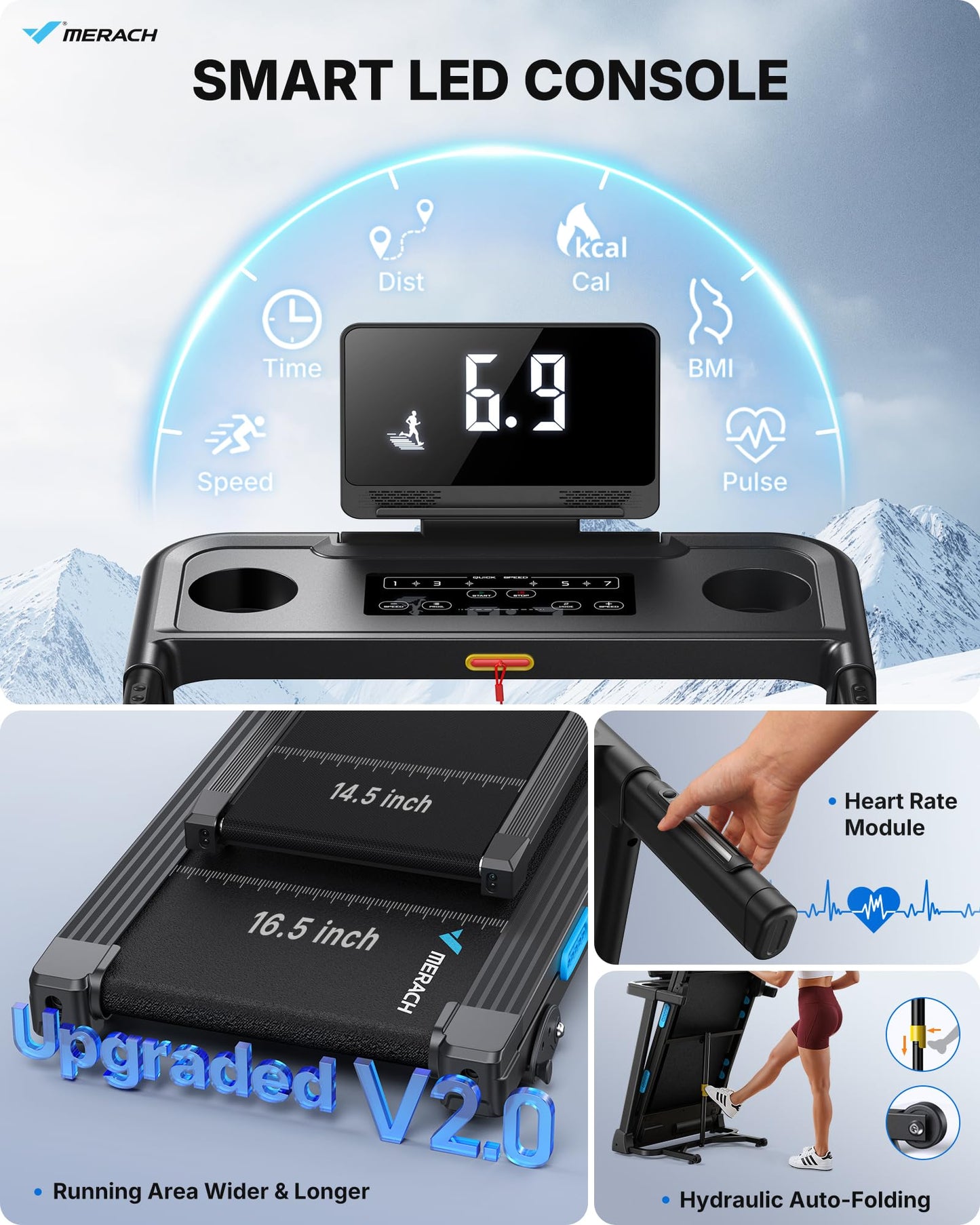 MERACH Treadmill with Incline 6%-15%, 300 LBS Capacity Foldable Running Treadmills for Home, 0.5-7.5MPH 2.5HP Brushless Double Deck Incline Foldinng Treadmill LED Display with Smart APP