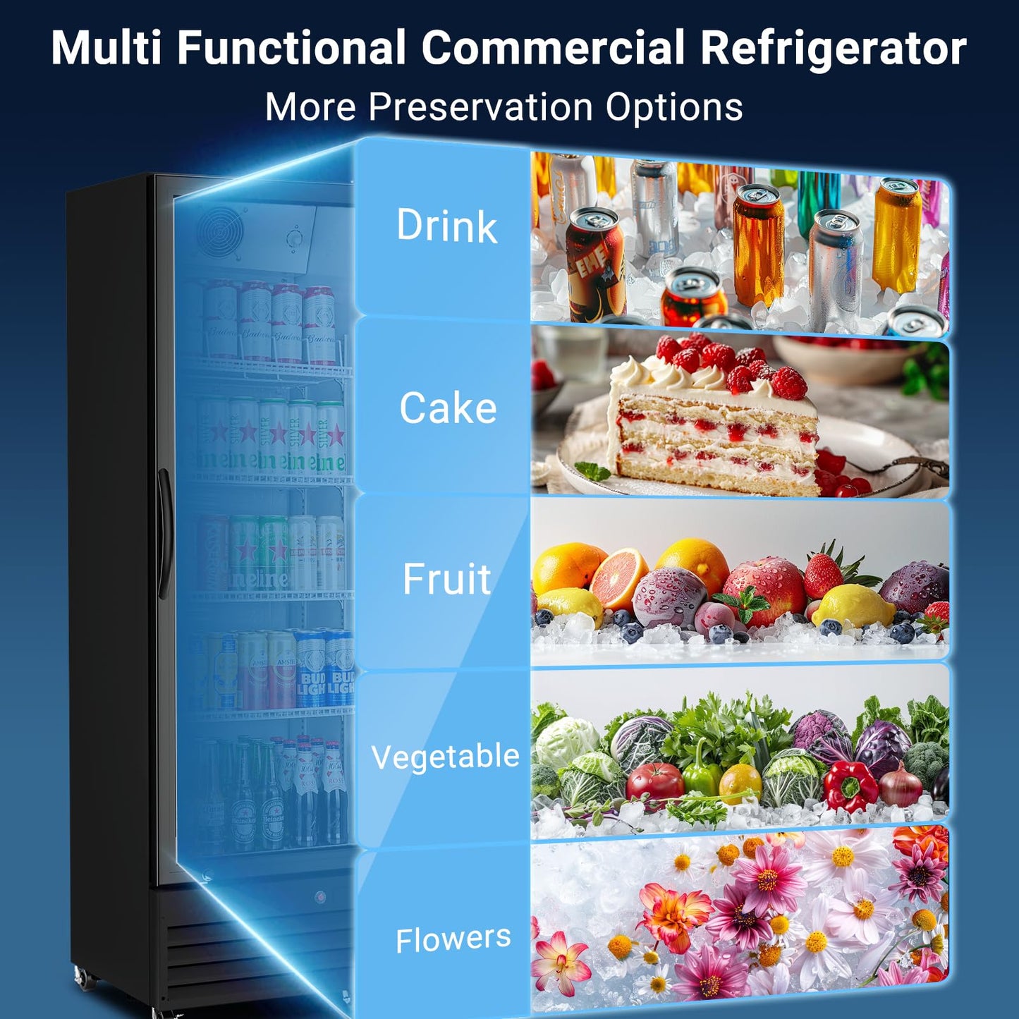 BODEGACOOLER Commercial Beverage Refrigerator with Glass Door,12.5 Cu.Ft Display Merchandiser Drink Refrigerator,Upright Commercial Bar Fridge,Display Drink Cooler,Soft LED Light,Romovable Shelves