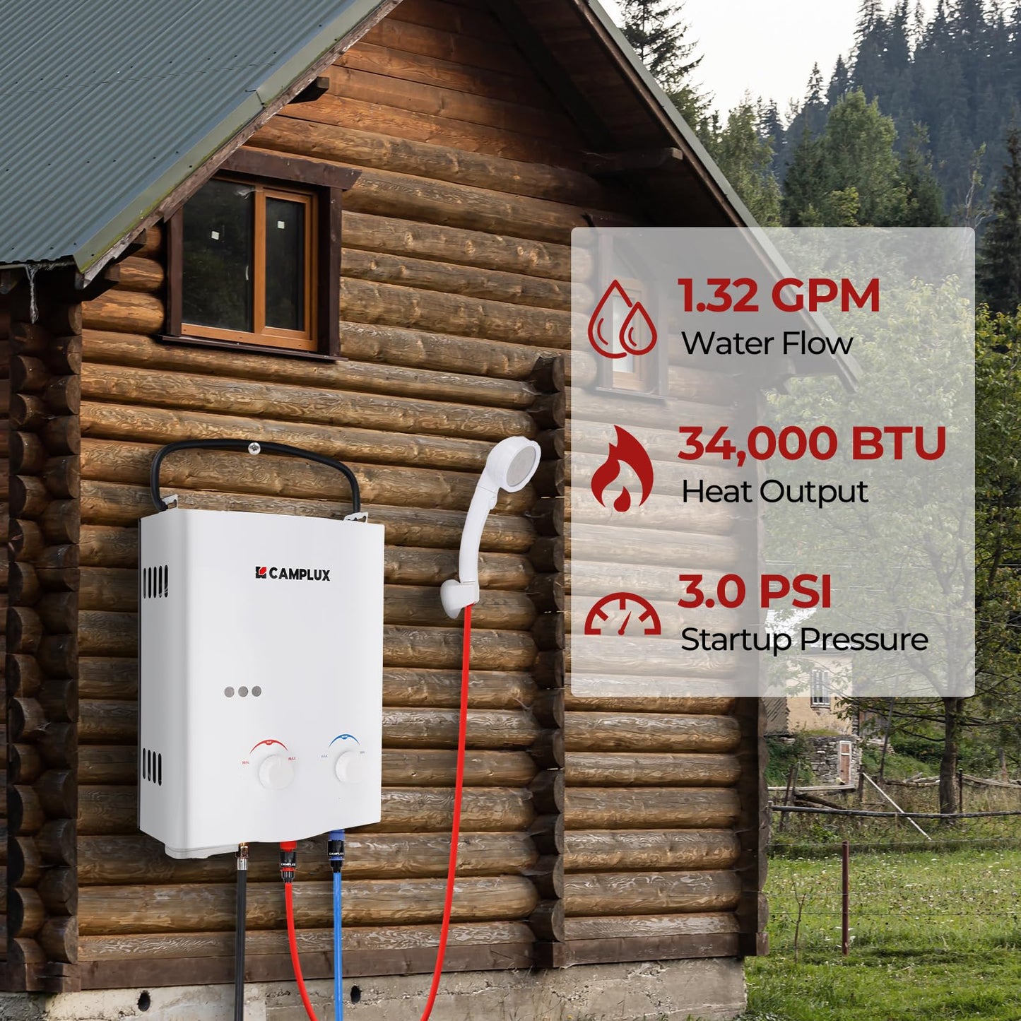 CAMPLUX Portable Propane Water Heater & Pump Kit, 1.32 GPM Tankless Gas Shower System with 12V Pump, Long Power Cables & Extension Hoses, Instant Hot Water for Off-Grid Camping, RV, AY132P43, White