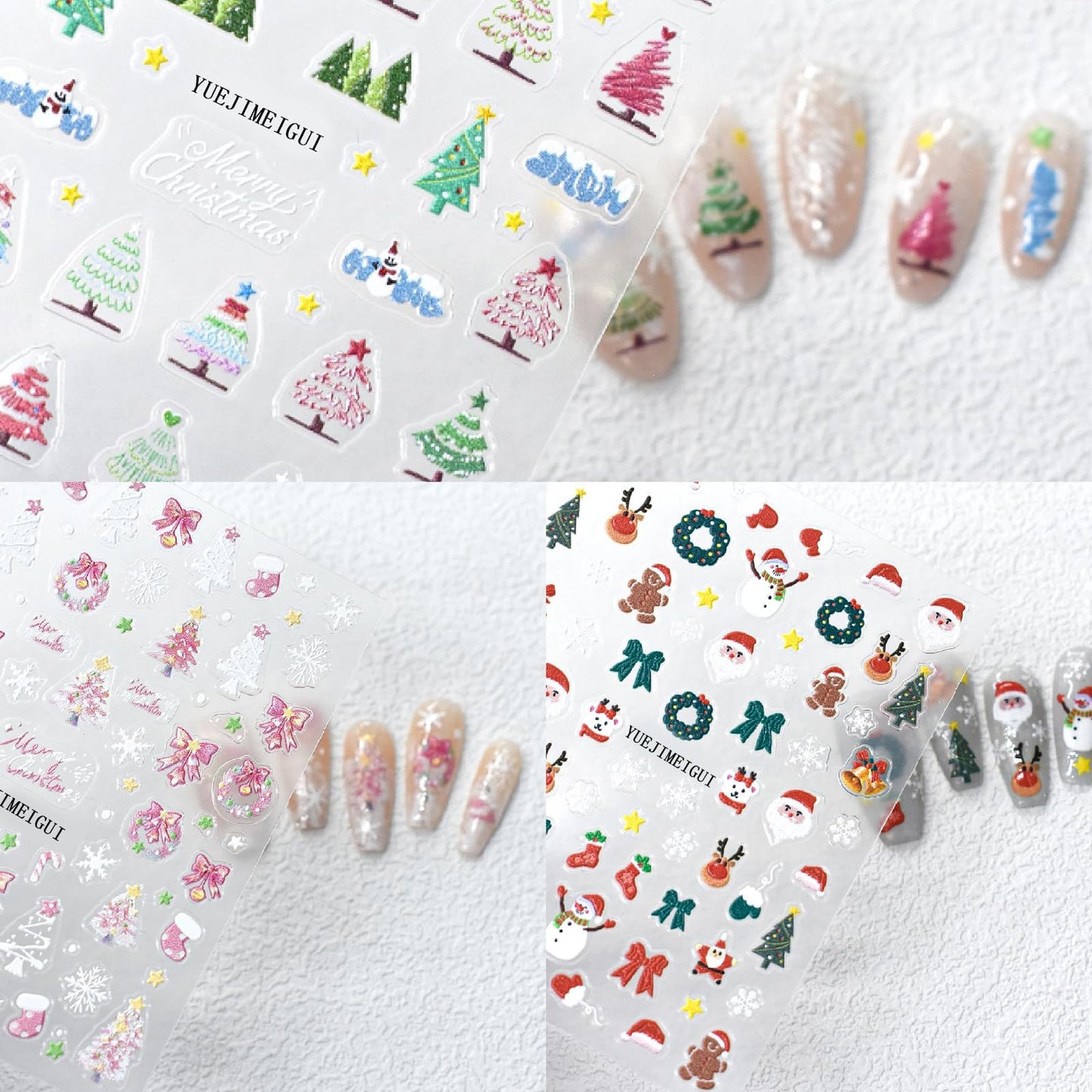 Pink Christmas Nail Art Stickers 5D Embossed Christmas Tree Self-Adhesive Nail Decals Winter Christmas Tree Elk Snowflake Nail Design Supplies Xmas Holiday Cute Stickers for Women Girl Manicure 3PCS