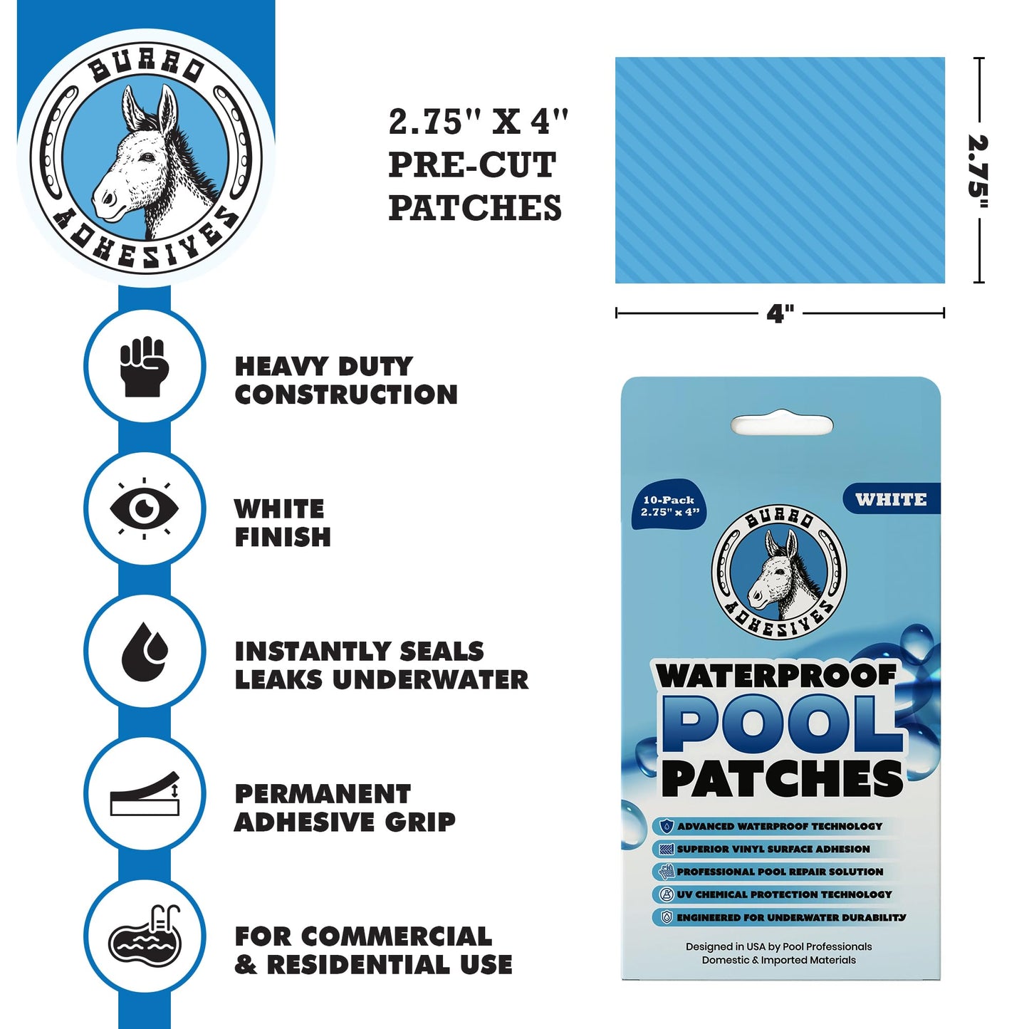 Burro Adhesives 10-Pack Waterproof White Pool Patches - Professional Grade PVC Repair Kit with 2.75" x 4" Heavy Duty Patches for Commercial & Residential Vinyl Liner Pools, Works Underwater & Dry