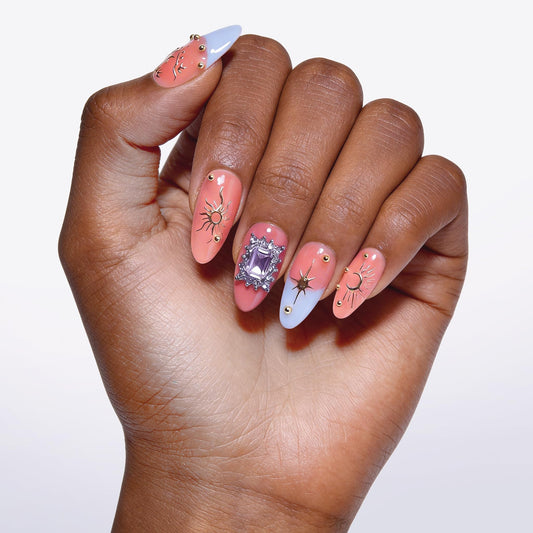 24Pcs Handmade Press on Nails, 3D Coral Pink Fake Nails with Medium Length Almond, Cute Blue French Tips Manicure Kit with Gold Lines for Women