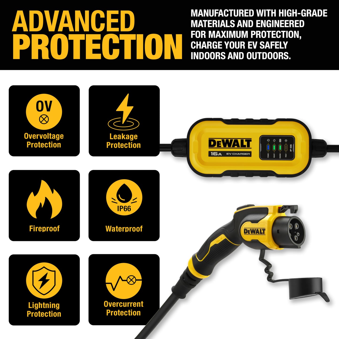 DEWALT Level 1 & 2 Portable Electric Vehicle (EV) Charger, 16 Amps, 120-240V, CSA Certified Indoor/Outdoor, NEMA 6-20 with 5-15 Adapter Included, 25 ft. Cable, 2024 Model