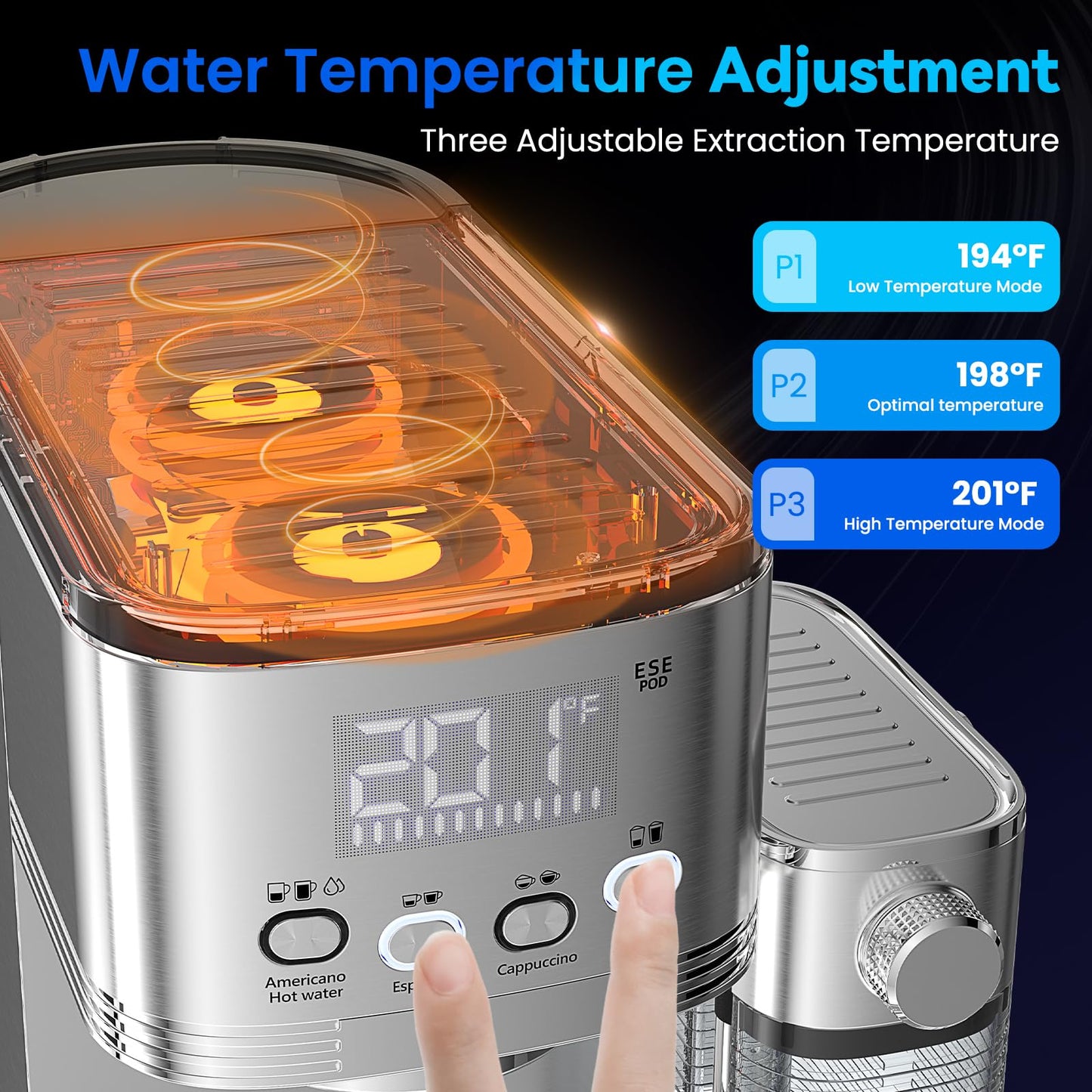 Espresso Machine 20 Bar Temperature Time LED Display Espresso Maker with Stepless Adjustable Automatic Milk Frother for Cappuccino Latte Americano Stainless Steel Coffee Machine with ESE Pod Filter