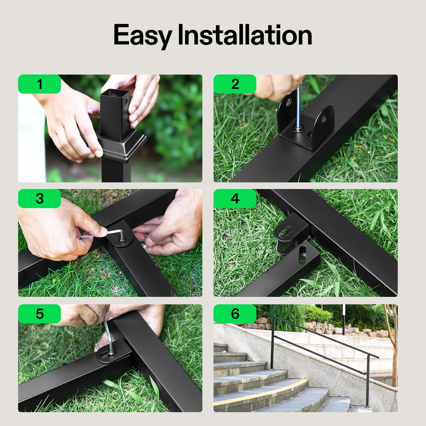 VIVOSUN Outdoor Handrail, 6-7 Step Stair Handrail, 83" x 36" Fits 1 to 7 Steps, Wrought Mattle Iron Handrail for Concrete Steps, Porch Steps, Black, HR-0004