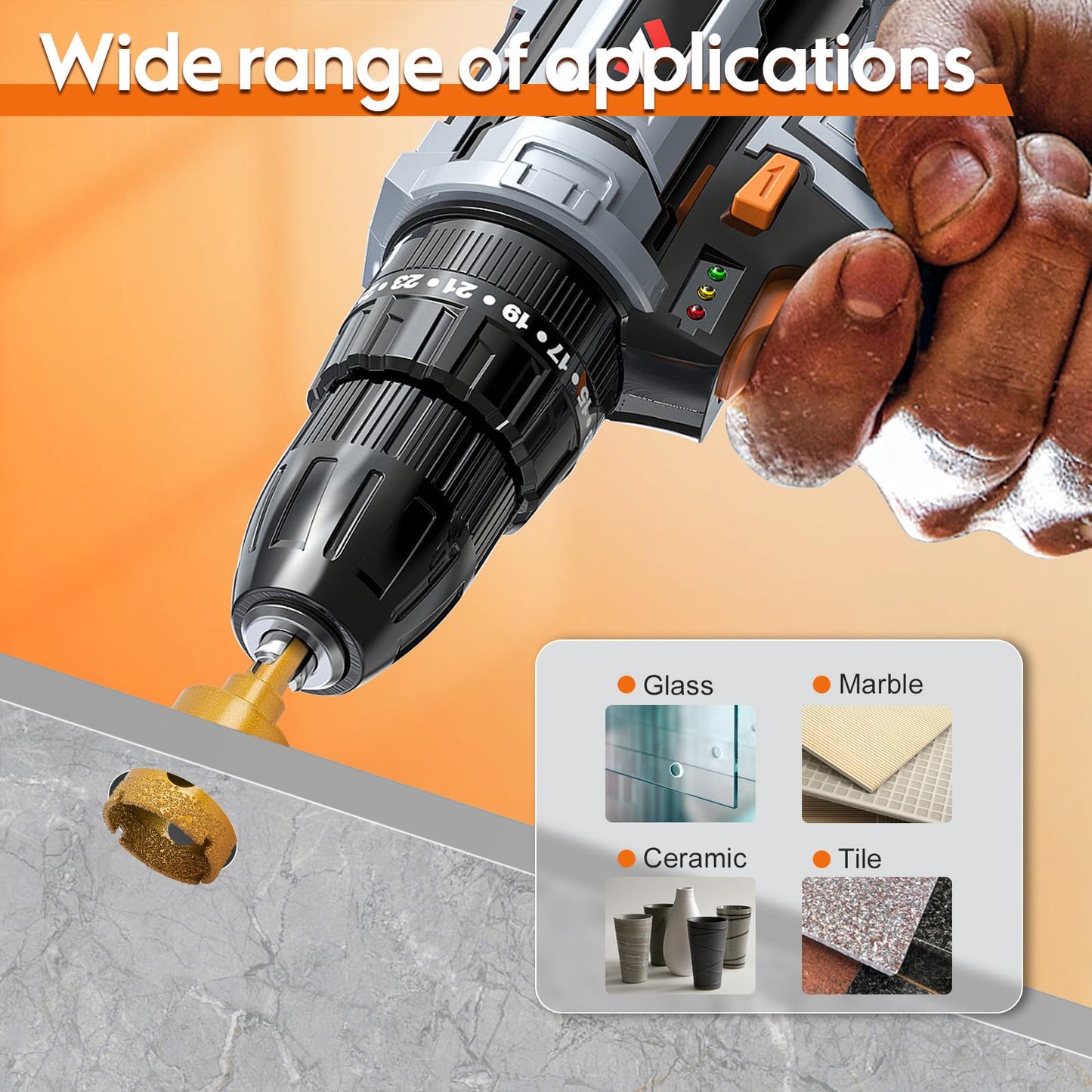 THINKWORK Diamond Drill Bits, Dry/Wet Brazing Hollow Drill Hole Saw Kit, 12 PCS Tile Opener (1/4"-2”) with Double Suction Cups Hole Saw Guide Jig, Suitable for Glass, Ceramic, Tile, Marble, Porcelain
