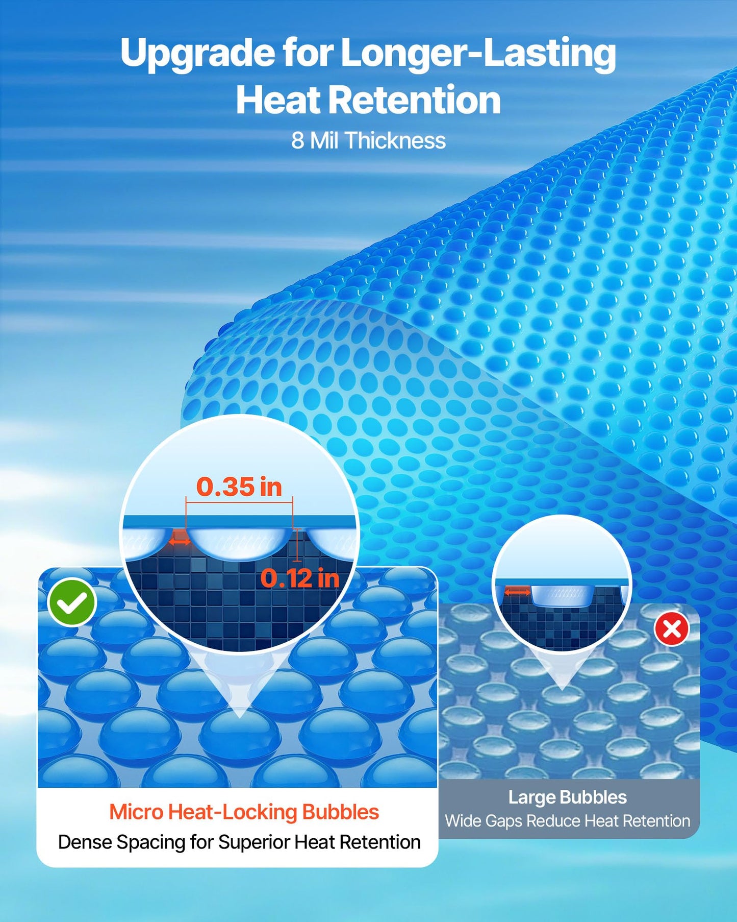 VEVOR Solar Pool Cover, 36 x 18 ft Rectangle Pool Bubble Cover, 8 Mil Pools Solar Blanket with Bubble & PE Material, Daytime Heat Absorption, Nighttime Heat Retention, Heat Retaining Solars Covers