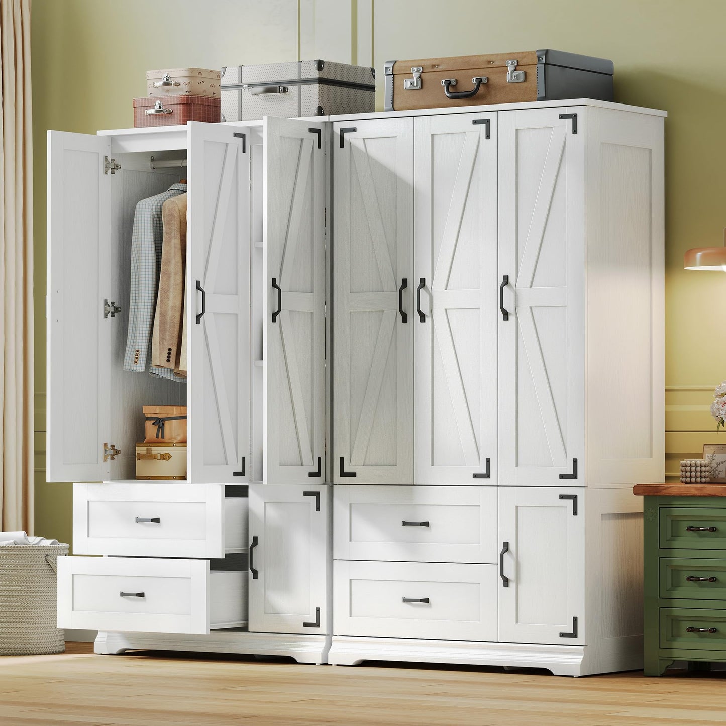 LIKIMIO Armoire Wardrobe Closet 71" H, Bedroom Wooden Wardrobe with 4 Doors and 2 Drawers, Farmhouse Clothing Storage Cabinet Combination with Hanging Rod, Shelves, and Hooks, White
