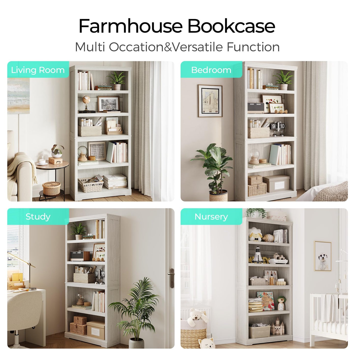 LINSY HOME 5-Shelf Bookcase, Bookshelves Floor Standing Display Storage Shelves 68 in Tall Bookcase Home Decor Furniture for Home Office, Living Room, Bed Room - White Oak