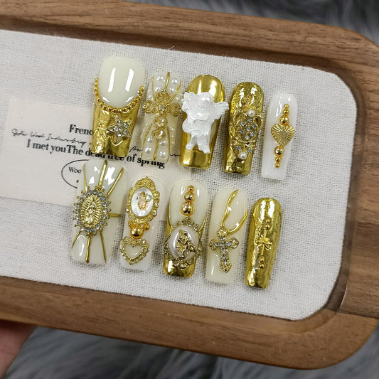 TENPAL Baroque Press on Nails Long Coffin 3D Embossed Pearl Cross Charm Luxury False Nails for Women Gold Glam Royal Cathedral Style Glue on Nails for Parties Holiday Events(L)