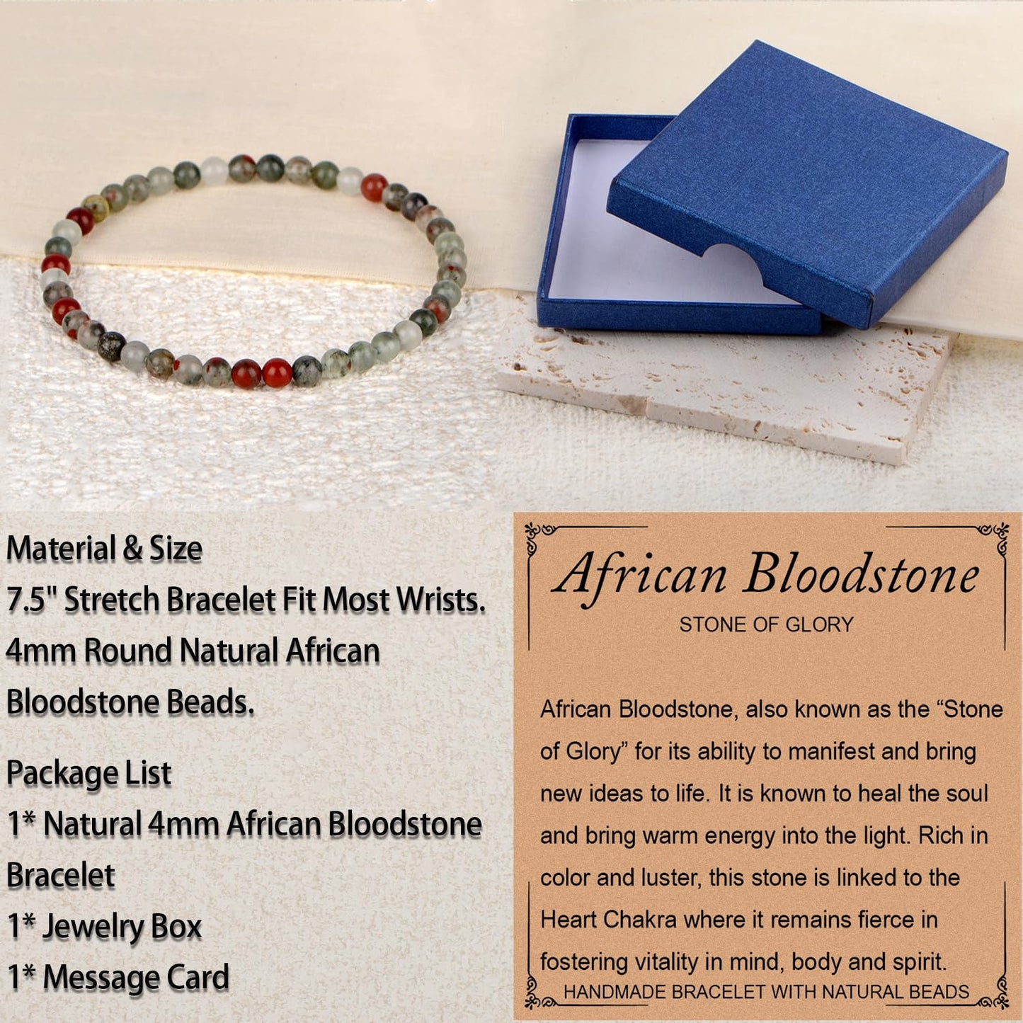 LPBeads Handmade Natural Gemstone Stretch Elastic 4mm African Bloodstone Bracelet Healing Crystal Round Stone Beads Jewelry Gifts for Women Men