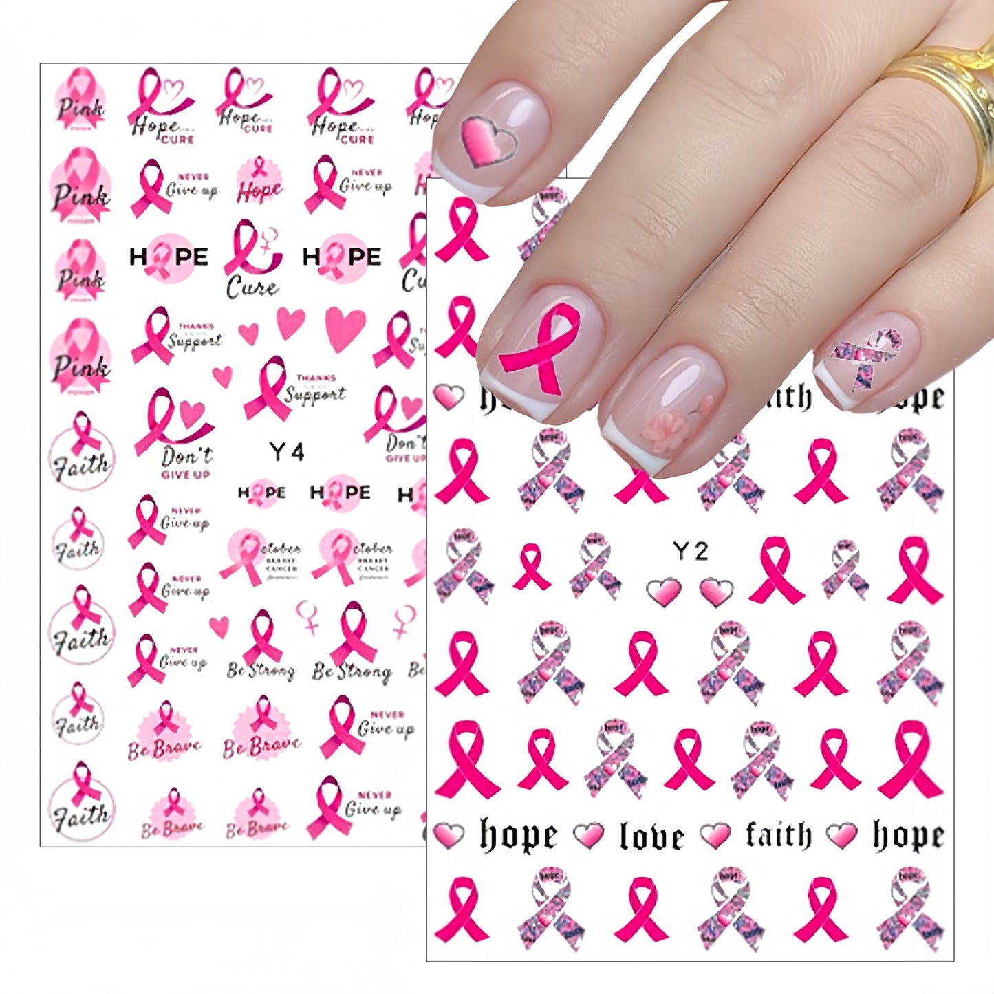 Breast Cancer Awareness Nail Art Stickers Pink Ribbon Nail Decals 3D Self Adhesive Nail Decals Butterfly Heart Flower Design Nail Sticker Breast Cancer Nail Supplies for Women Decoration 6 Sheets