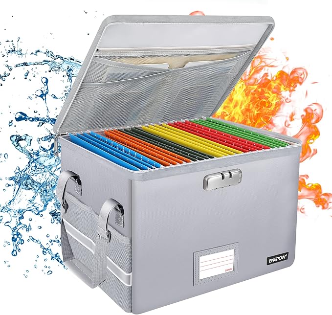 ENGPOW File Box with Lock, Fireproof Document Box with ZipperÃ¯Â¼ÂPockets, Collapsible File Organizer Filing Storage Cabinet with Handle, Portable Home Office Safe for Hanging Letter/Legal Folder,Silver
