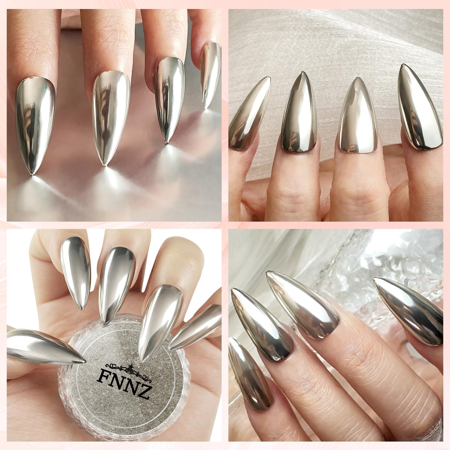 FNNZ Chrome Nail Powder, Champagne Silver Metallic Nail Powder Pigment Premium Mirror Effect Salon Nail Art Glitter Dust for Gel Polish Decoration Home DIY Nail Manicure Supplies