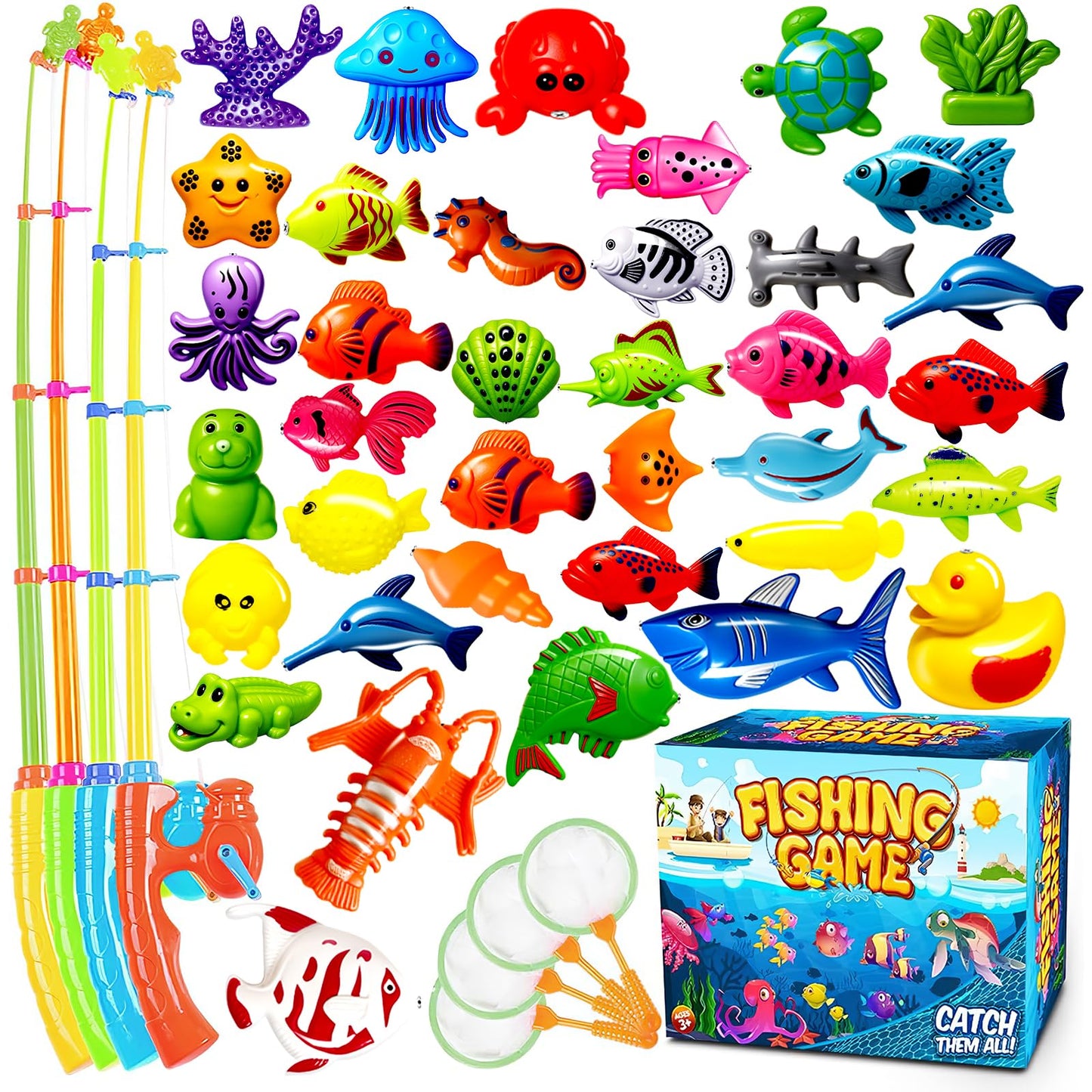 Goody King Magnetic Fishing Game Pool Party Pole Rod Net - Bathtub Outdoor Indoor Carnival Party Water Table Fish 4 Players Gift Age 3-5 6 4-8 (Large)