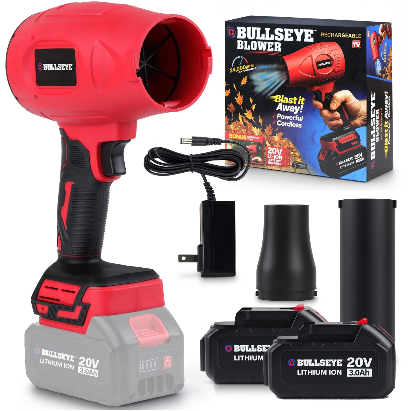 Bullseye Blower â Cordless Leaf Blower, Handheld Turbo Jet with 2 Batteries, 20V 350W Electric Air Power for Patio, Garage Cleaning and Car Drying â As Seen on TV