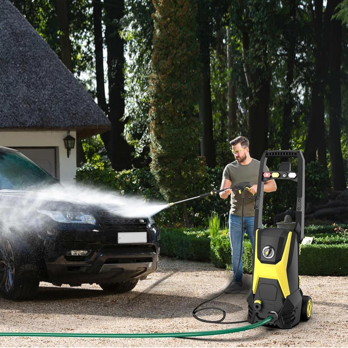 Pressure Washer 4 Wheels with Anti-Tipping Technology, Soap Tank 4 Nozzles for Patios Cars Home