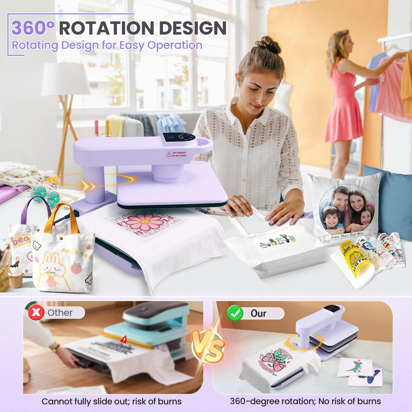 Whubefy 360° Swivel Auto Heat Press 15x15 - Professional Automatic Shirt Press Machine with Auto Release & 7-Level Auto Pressure - Swing Away Large Pro Heat Press Machine for T Shirts Hoodie HTV Vinyl