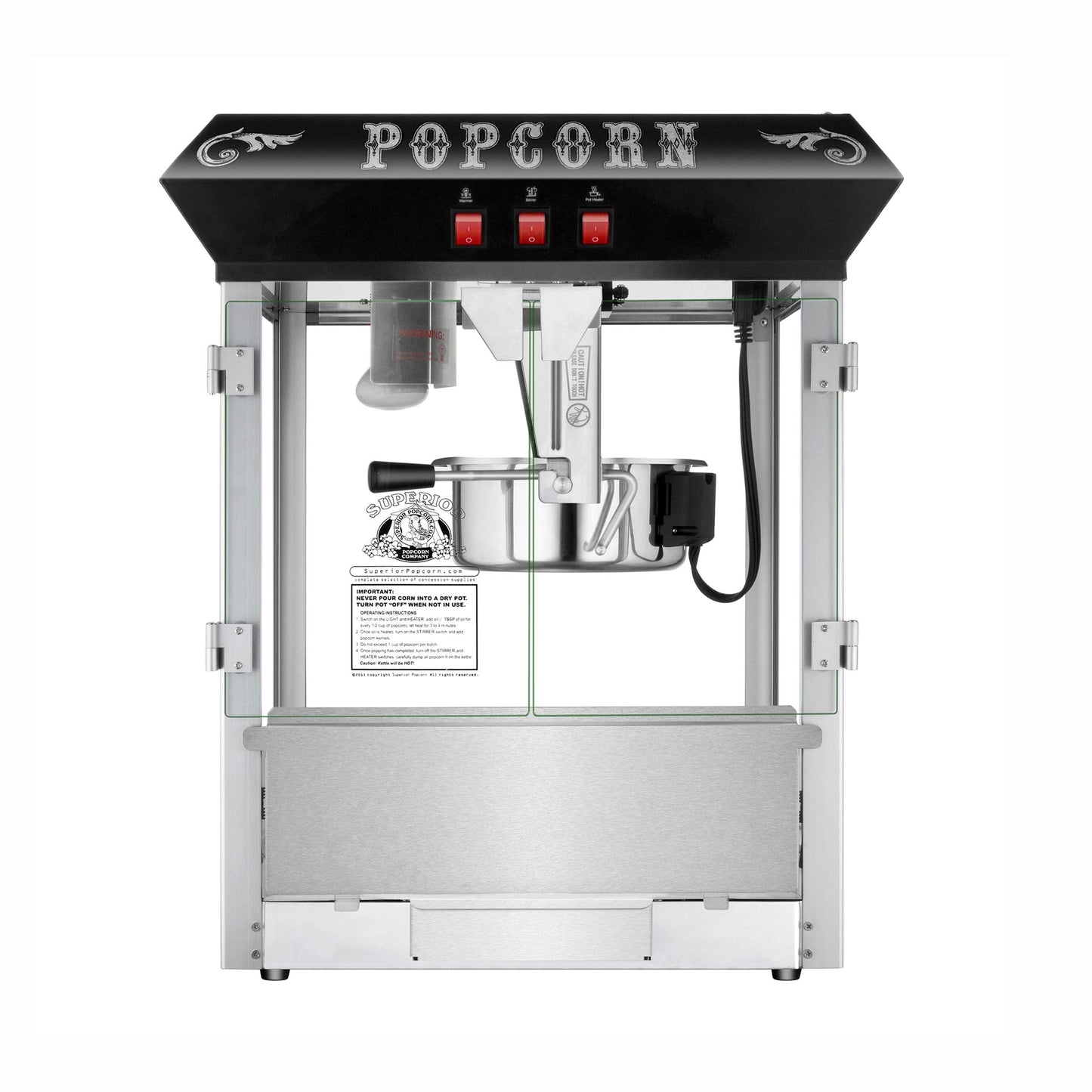 Hot and Fresh Countertop Popcorn Machine – 3 Gallon Popper – 8oz Kettle, Old Maids Drawer, Warming Tray, Scoop by Superior Popcorn Company (Black)